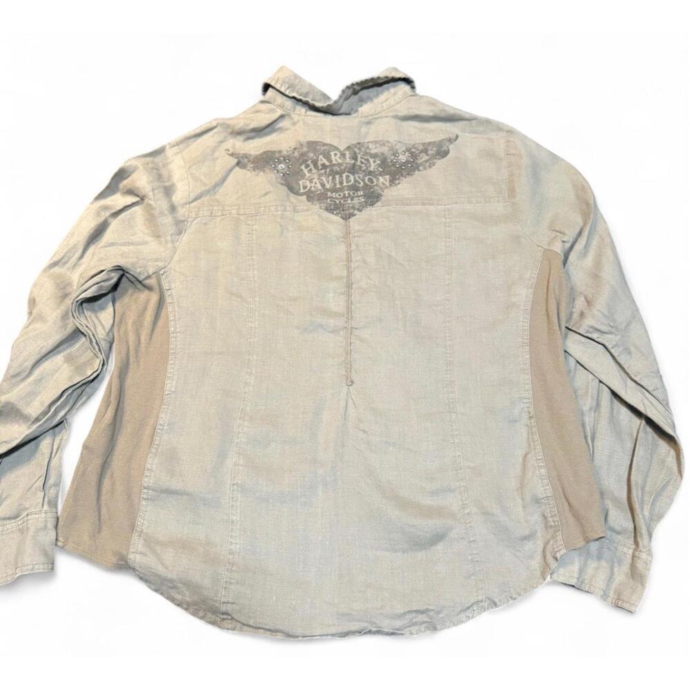Harley Davidson Women's 1W Plus Size 1/4 Button Down Collared Shirt Ramie Fabric